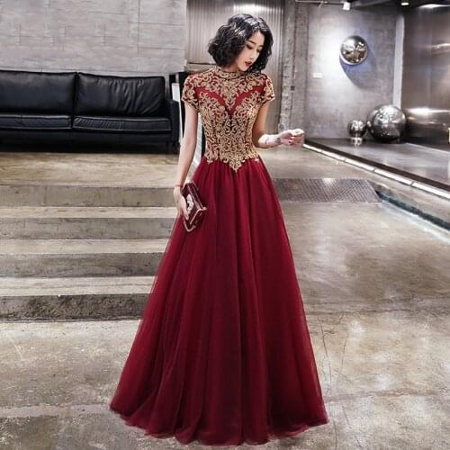 Burgundy Off Shoulder Cheongsam Sexy Robe De Soiree Mesh Dresses Female New Elegant Qipao Appliques Evening Party Dress Gown