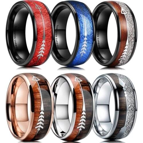 Simple Mens Black Tungsten Carbide Ring Red Meteorite Koa Wood Inlay Ring Silver Color Arrow Dome Polished 8MM Men Wedding Band