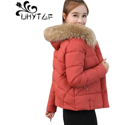 UHYTGF Fur collar Hooded Down Jacket Winter Jacket Women Tops Thicken Warm Short Coat Plus size Outerwear Cotton padded Coat 127
