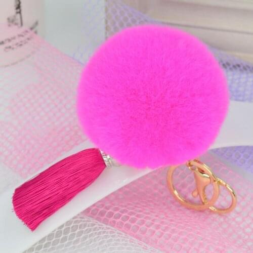 Fluffy Rabbit Fur Pompom Keychain Leather Strap Metal Women Bag Charm Real Natural Fur Balls Genuine Fur Pom Poms Key Chain