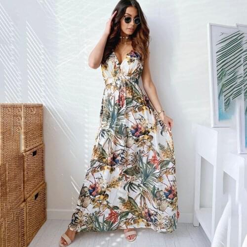 Sexy Deep V Neck Floral Print Maxi Dress Boho Sleeveless High Waist Backless Dresses 2021 Summer Vintage Long Dress For Women