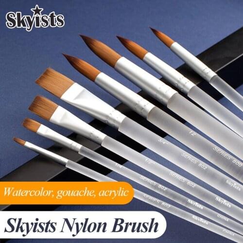 Skyists Flat Head/Round Nylon Hair Brush Comfortable Smooth Translucent School Student Stationery For Watercolor Gouache Acrylic