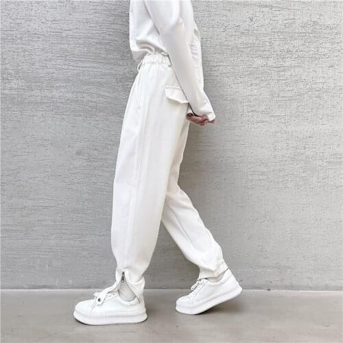 Mens White Black Sweatpants Loose Casual Long Trousers Zipper Decor Design H96