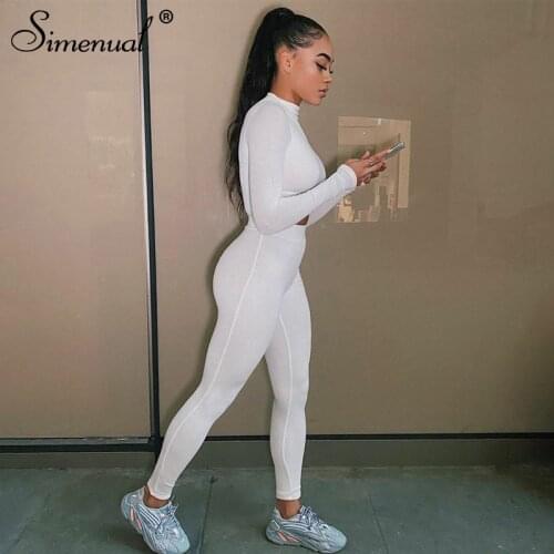 Simenual Casual Solid Sporty Active Wear Matching Sets Women Long Sleeve Autumn Bodycon 2 Piece Outfits Crop Top And Leggins Set
