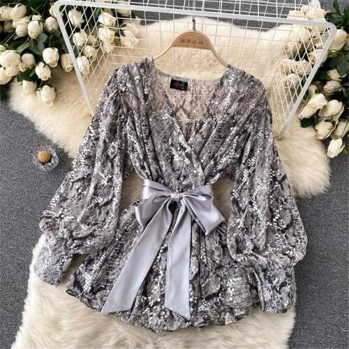 Sexy Snakeskin Sequin Women Shirt V Neck Bandage Blouses Fashion Retro Autumn Female Blouse Tops Chic Shirts Women Clothing 2021