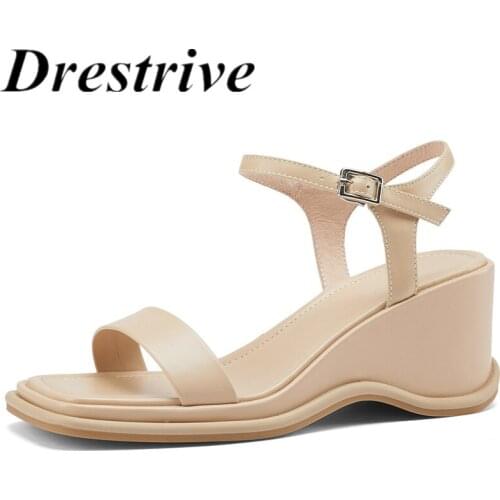 Drestrive Women Sandals Full Genuine Leather Square Toe Wedges 2021 Summer High Heel Shoes Buckle Cow Leather White