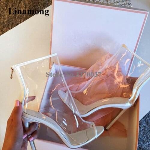 Women Sexy Peep Toe PVC Stiletto Heel Short Boots Back Zipper-up Transparent Thin High Heel Ankle Booties Dress Shoes