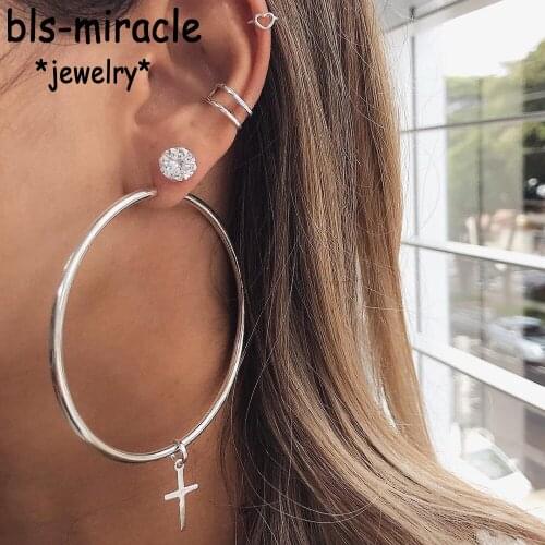 Bls-miracle Bohemia Fashion Crystal Cross Big Round Hollow Heart Shape Earring For Women 2019 Vintage Drop Earrings Jewelry