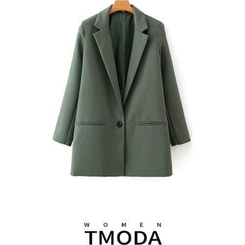 TMODA432 Women 2021 Fashion Office Wear Single Button Green Blazers Coat Vintage Long Sleeve Pockets Female Outerwear Chic Tops