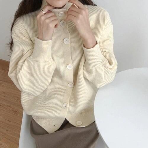 Retro Fashion High Neck Cardigan Jacket Women Knit Single-breasted Padded Jacket Lazy Wind Autumn Winter Lapel Trend Sweater