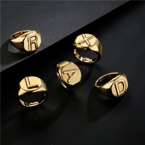 Punk Style Gold Color Copper Initial Rings For Women Girl 2021 New Fashion 26 Capital Letters Open Ring Adjustable Size