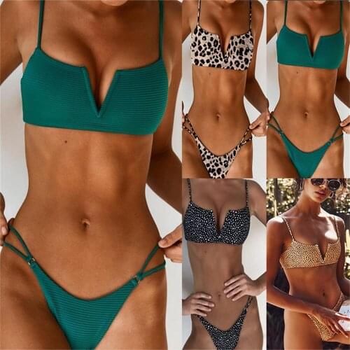 Sexy Solid Color Retro Leopard Print Polka Dot Quick-Drying Beach Bikini Lady V-Neck High Waist Adjustable Sling Split Swimsuit