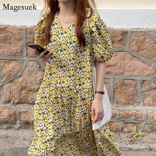 Yellow Print Floral Midi Dress Women 2021 Puff Sleeve Summer Chiffon Dress Korean Vintage V Neck Loose Dresses Vestidos 15090