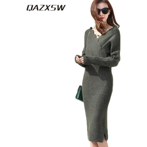 2019 Spring Autumn Knitted Dress Plus Size Casual Solid Woolen Dress Irregular Neck Long Sleeve Ladies Party Women Dresses HB525