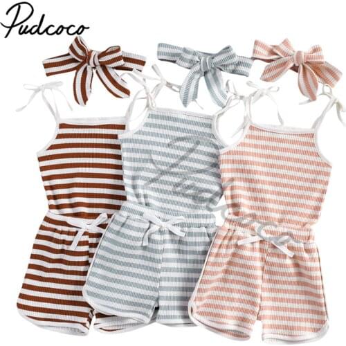 2021 Baby Summer Clothing Baby Girls Boys Ribbed Striped Clothes Set Vest Sleeveless Tops Shirt Shorts Headband 3Pcs Set