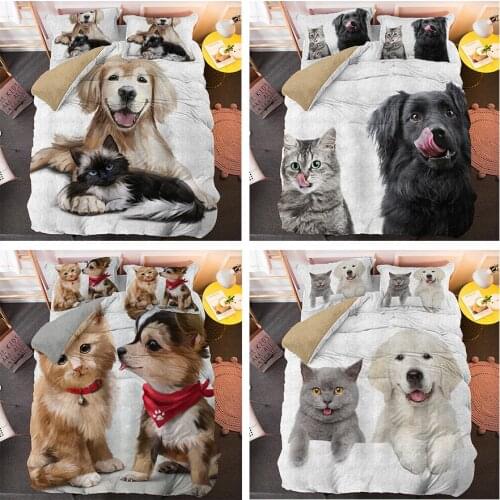 3D Best Friends Cat And Dog Bed Sets Duvet Cover Puppy Bedding Set For Kids Bedcloth 2/3pcs