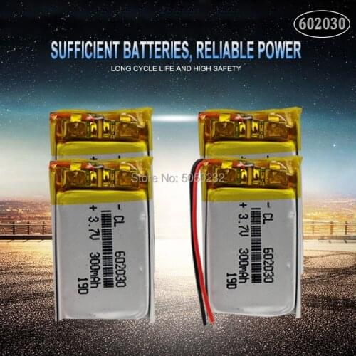 4pc 300mAh 3.7V 602030 li-lon polymer Rechargeable battery For Bluetooth Speaker MP3 MP4 Smart Watch wireless card Selfie stick