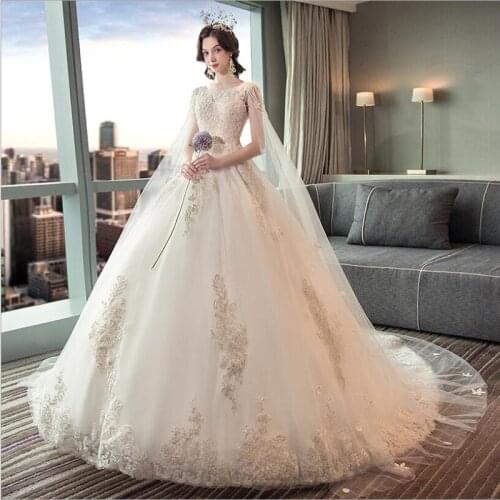 Glitter Sequins Lace Fashion Wedding Dress With Long Veil O neck Beading Court Train Plus Size Women Bridal Gowns