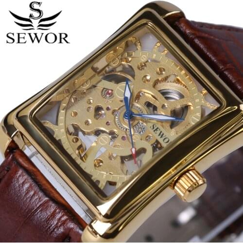 SEWOR Vintage Series Mens Watch Brown Leather Mechanical Skeleton Watches Top Brand Gold Dial Luxury Wristwatch relojes 2017