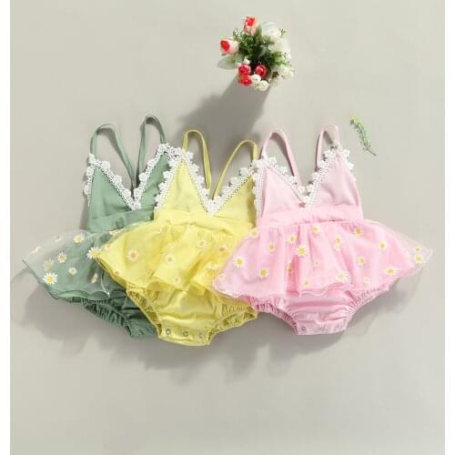 2021 0-18M Cute Infant Baby Girl Romper Flower Lace V Neck Sleeveless Daisy Print Backless Tulle Tutu Playsuit Dress Summer New