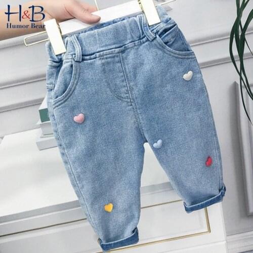 Humor Bear Girls' Pocket Jeans 2020 Spring Autumn Mid-waist Pants Clothing Korean Sports Love Fashion Casual Children Trousers