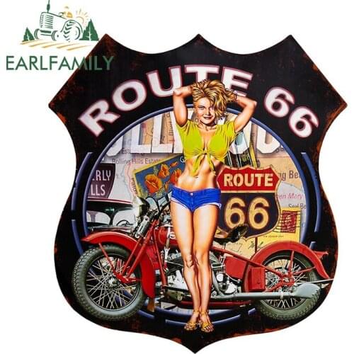 EARLFAMILY 13cm x 11.7cm Route 66 Car Sticker Pin Up Girl Bumper Window Decoration Waterproof Decal Sexy Girl Car Styling
