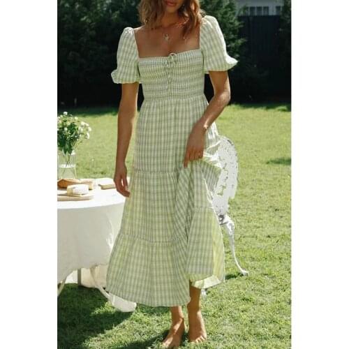 Foridol Plaid Vintage Summer Long Maxi Women Dress Elegant Short Sleeve Green Dress A-line Print Boho Dresses