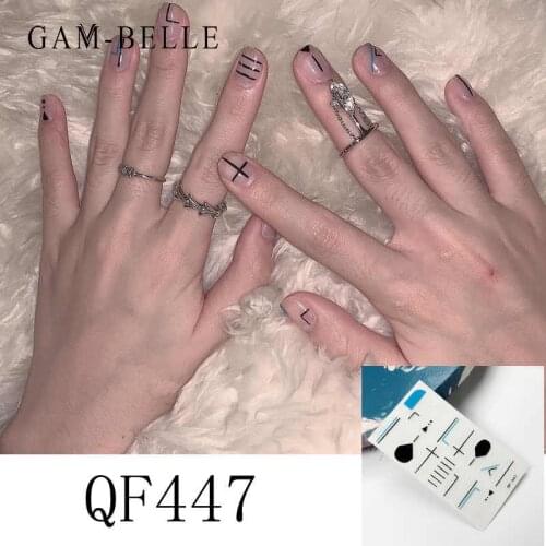 GAM-BELLE 14Tips Gothic Black Stripe Nail Art Stickers Simple Geometry Flower Full Cover Self Adhesive Manicure Decoracion