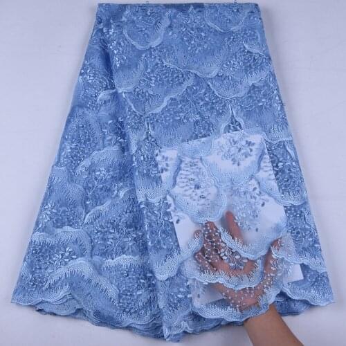2019 High Quality Lace Sky Blue African Tulle Lace Fabric With Beads French Net Lace Fabric For Nigeria Wedding Dress Y1659