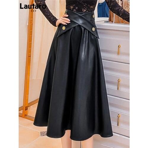 Lautaro Autumn High Waisted Black Soft Faux Leather Midi Skirt Women A Line Long Skirts for Women Korean Fashion Clothing 2021