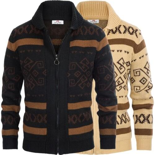 Casual Tops Men Shawl Collar Sweater Cardigan Long Sleeve Zip-up Knitted Coat Knitwear Fashion Jacquard Coats Male Autumn New