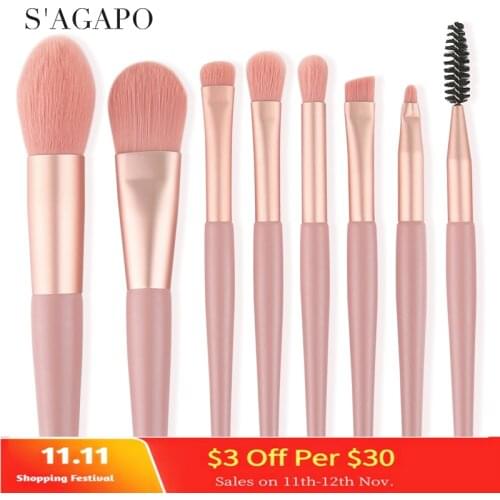S'AGAPO 8pcs Mini Matte Makeup brushes set Wooden handle Eyeshadow Eyebrow Foundation Blush Loose powder Lips Face Makeup tools