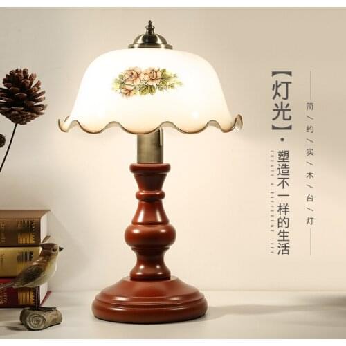 American rural hand-drawn camellia glass Table Lamps Classic retro wood dimming E27 LED lamp for bedside&narrow table ZLTD007