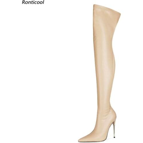 Ronticool 2021 New Autumn Women Flexible Thigh Boots Stiletto Metal Heel Pointed Toe Beautiful Nude Party Shoes Size 35-45