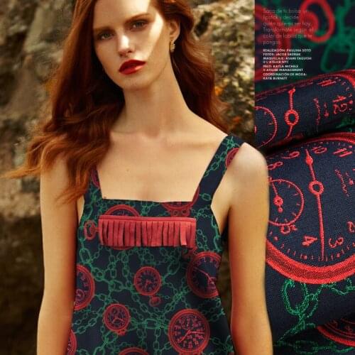 Yarn-dyed couture fashion fabric,red clock,green chain,navy color,Japan fabric,vintage, sew for jacket, dress, craft by the yard
