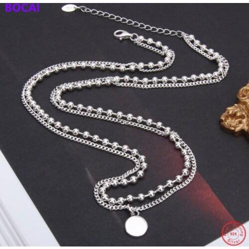 BOCAI S925 Sterling Silver Necklace 2021 Popular Double Deck Beads Horsewhip Chain Pure Argentum Neck Jewelry for Women Lovers