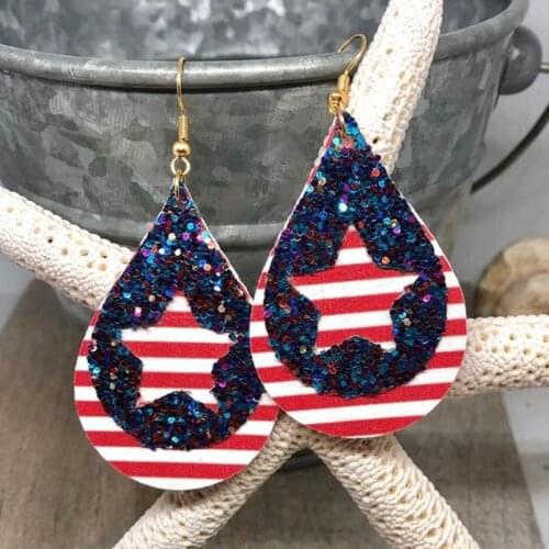 Earrings-Patriotic 4th of July Star Red and Blue Glitter layered on Red and White Striped Faux Leather Teardrop Earrings