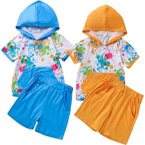 Boys Casual Two-piece Clothes Set, Short Sleeve Hooded Tops and Solid Color Shorts Summer