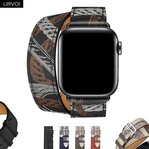URVOI Printed Double Tour strap for Apple Watch band series 6 5 4 3 2 1 SE for iwatch genuine Leather loop extra-long belt