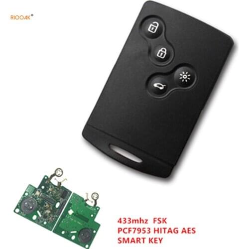 RIOOAK New Car alarm For renault clio 4 key 4 button keyless Remote key 434mhz pcf7953 chip hitag AES key after 2013 with logo