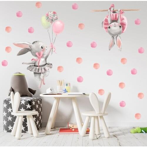 Pink Ballerinas Bunny & Polka Dots Sets Wall Stickers for Baby Nursery Room Decoration Wall Decals Kids Room Bedroom Decor Sets