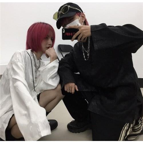 Traditional Chinese Clothing for Women Man Blouse Dragon Print Harajuku Streetwear Stand Collar Buckle Vintage Black White Shirt