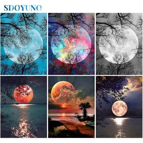 SDOYUNO Full Square/Round Diamond Painting Moon 5D DIY Diamond Embroidery Mosaic Landscape Art Kits Home Decoration