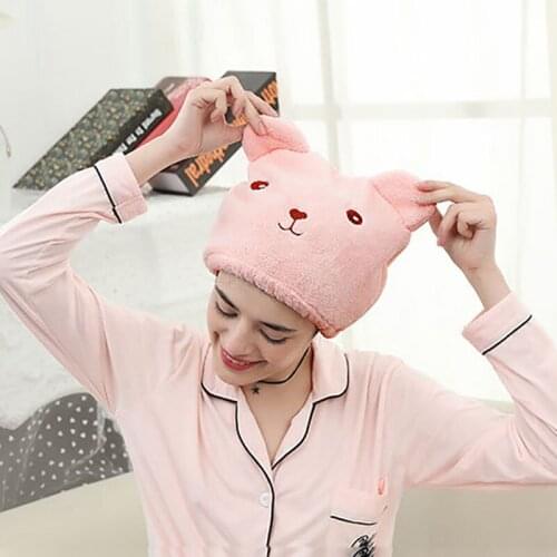 Thick Coral Fleece Embroidered Bear Shower Cap Women Strong Water Absorption Elastic Band Bathroom Bathe Cap