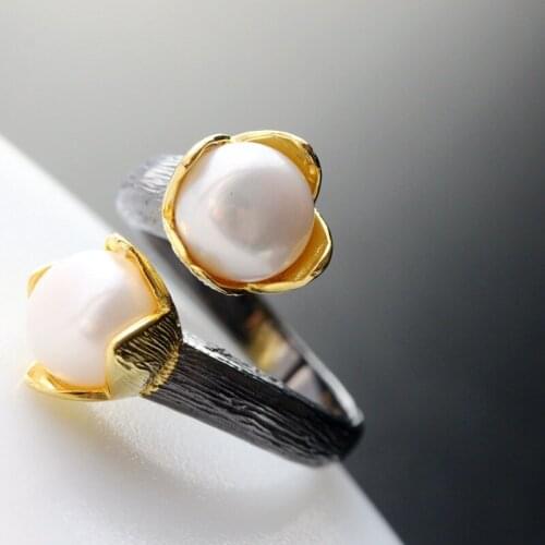 Vintage Thai Silver Wholesale S925 Sterling Silver Ring Fashion Open Ended Silver Female Ring Handmade Natural Pearl Ring