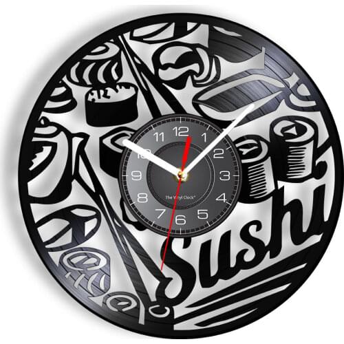 Japanese Foodie Sushi Roll Wall Clock Sashimi Sushi Bar Vintage Vinyl Record Wall Clock Sushi Party Janpanese Gourmet Wall Decor