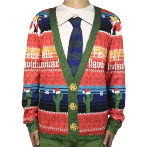 Funny Felie Navidad Cactus Ugly Christmas T Shirt for Men Hilarious Mens Fake Two Piece 3D Print Ugly Xmas Party T-shirt