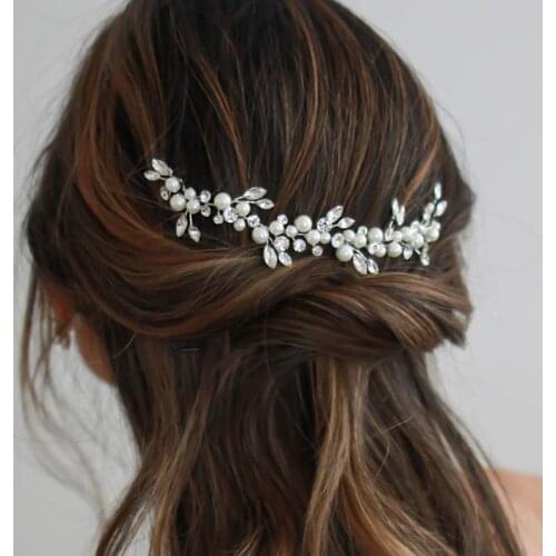 Floralbride Handmade Silver Color Clear Crystal Rhinestones Pearls Bridal Hair Vine Bridal Headband Women Girl Hair Jewelry