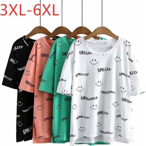 New 2021 Ladies Summer Plus Size Tops For Women Large Short Sleeve Loose Cotton Green White Print O-neck T-Shirt 3XL 4XL 5XL 6XL