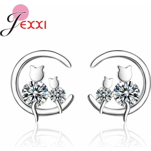 Pretty 925 Silver Woman Girl Stud Earring Moon and Cats Design Shining Cubic Zirconia Stone Handmade Ear Decoration Accessories